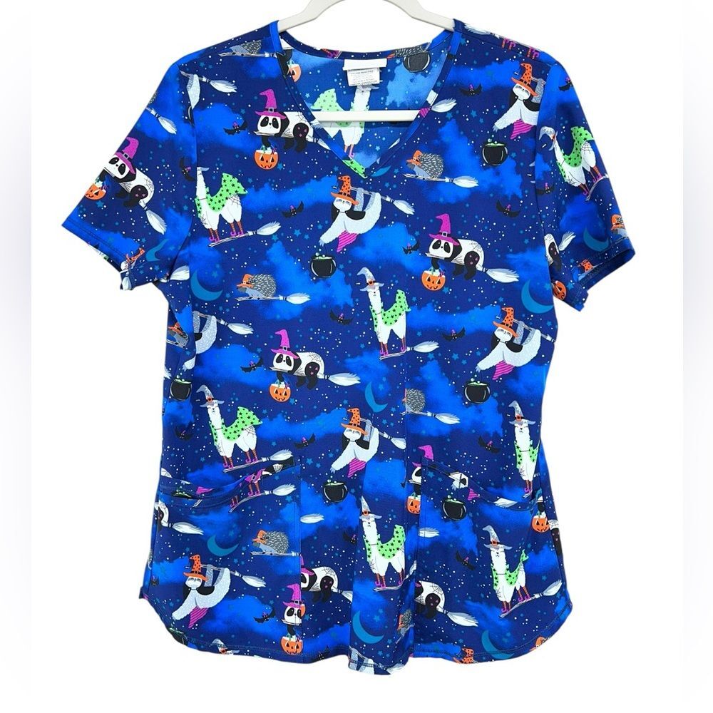Scrubstar Whimsical Critters on Brooms Halloween Scrub Top Womens Medium